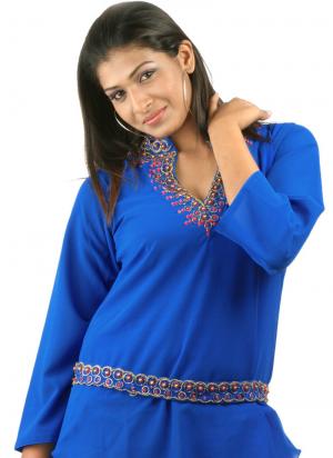 Лазурно-синяя женская праздничная дорогая блузка из креп-жоржета, с рукавами три четверти
