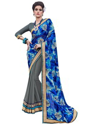 Синее и серое индийское сари из креп-жоржета и из шёлка