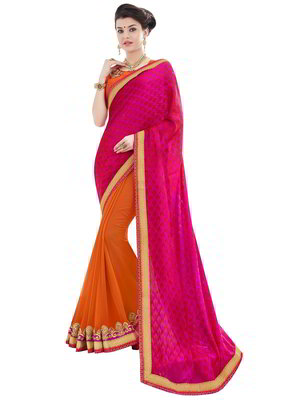 Пурпурное и оранжевое индийское сари из креп-жоржета, жаккардовой ткани и из шёлка