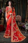 ~Оранжевое и красное красивое современное индийское сари из креп-жоржета, украшенное вышивкой