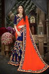 ~Оранжевое и синее красивое современное индийское сари из креп-жоржета, украшенное вышивкой