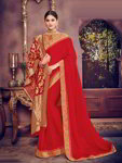 *Красное оригинальное современное индийское сари из креп-жоржета и шёлка со стразами