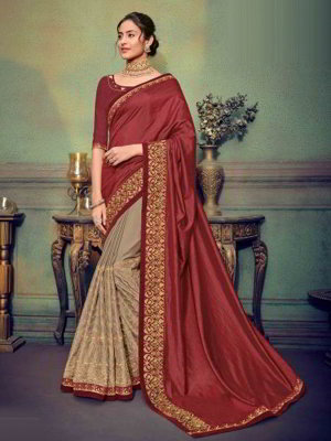 Бордовое и коричневое индийское сари из креп-жоржета и шёлка, украшенное вышивкой со стразами