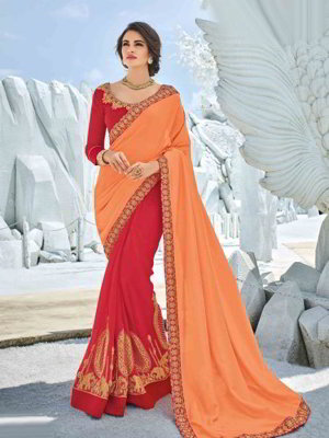 Оранжевое и красное индийское сари из креп-жоржета и шёлка, украшенное вышивкой