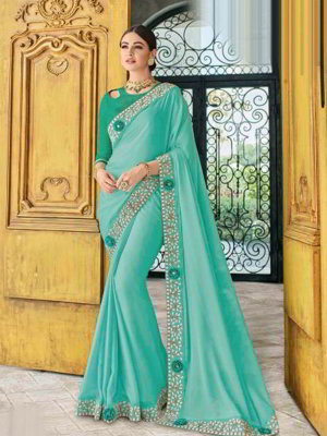 Сине-зелёное индийское сари из креп-жоржета, украшенное вышивкой со стразами