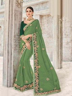 Зелёное индийское сари из креп-жоржета, украшенное вышивкой со стразами