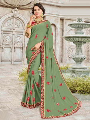 Цвета зелёного лайма индийское сари из креп-жоржета, украшенное вышивкой с кусочками зеркалец