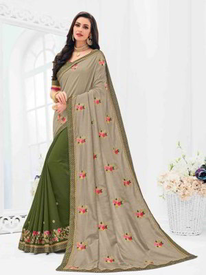 Зелёное и серое шёлковое индийское сари, украшенное вышивкой