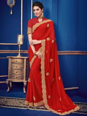 Красное индийское сари из креп-жоржета, украшенное вышивкой со стразами