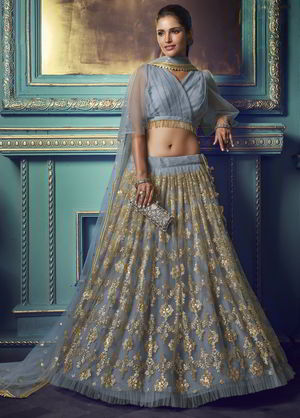 Серо-голубой национальный индийский женский костюм лехенга (ленга) чоли