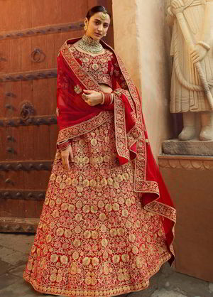 Красный национальный индийский женский свадебный костюм лехенга (ленга) чоли, украшенный вышивкой с люрексом