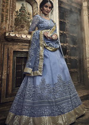 Васильковый национальный индийский женский свадебный костюм лехенга (ленга) чоли из атласа