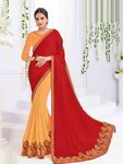 *Жёлтое, оранжевое и красное оригинальное современное индийское сари из креп-жоржета и шёлка, украшенное вышивкой со стразами, стразами