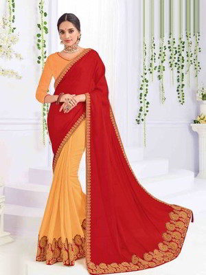 Жёлтое, оранжевое и красное индийское сари из креп-жоржета и шёлка, украшенное вышивкой со стразами, стразами