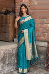 *Голубое шёлковое и жаккардовое оригинальное красивое индийское сари