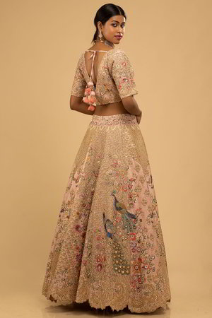 Розовый национальный индийский женский свадебный костюм лехенга (ленга) чоли с рукавами до локтя, украшенный вышивкой с пайетками, перламутровыми бусинками и стразами