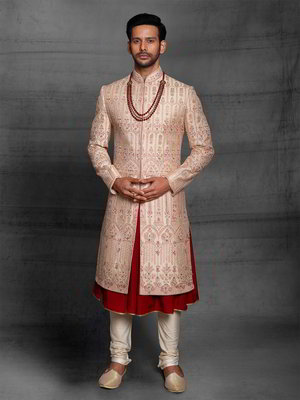 Персиковый индийский свадебный мужской костюм из шёлка