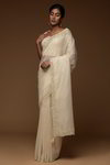 *Серебристое, белое и цвета айвори эффектное нарядное свадебное индийское сари из органзы, украшенное вышивкой