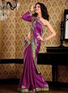 Баклажановое индийское сари из искусственного шёлка