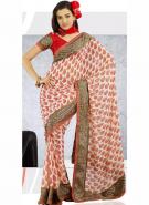 Жемчужно-белое индийское сари из креп-жоржета с умеренно-розовыми элеентами