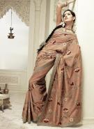 Жёлто-коричневое индийское сари из натурального индийского шёлка