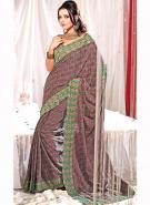 Розово-серо-коричневое индийское сари из креп-жоржета