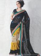 Тёмно-серо-синее индийское сари из креп-жоржета