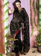 Насыщенное чёрное индийское сари из креп-жоржета