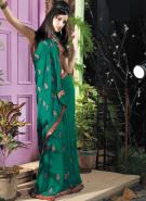 Ярко-синевато-зелёное индийское сари из креп-жоржета