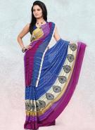 Фиолетовое, синее и бежево-белое индийское сари из креп-жоржета