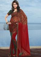 Насыщенно-красное индийское сари из креп-жоржета