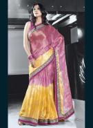 Серовато-пурпурно-розовое индийское сари из жаккардовой ткани