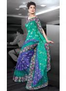 Бирюзовое с синим индийское сари из жаккардовой ткани