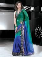 Синее индийское сари с элементами цвета зелёной сосны