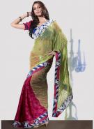 Оливковое индийское сари из жаккардовой ткани