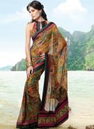 Темное серовато-желтое индийское сари из креп-жоржета