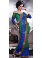 Кобальтовое и мятно-зеленое индийское сари