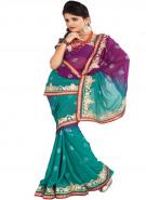 Сине-зелёное с фиолетовым индийское сари из креп-жоржета