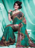 Изумрудное индийское сари из креп-жоржета