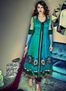 Длинное шёлковое платье цвета морской волны, с длинными прозрачными рукавами