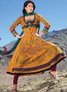 Длинное платье / туника из хлопка и шёлка цвета гуммигут, с рукавами три четверти + летние пурпурные брюки и накидка