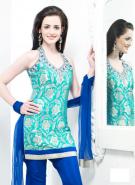 Бирюзовое платье / туника из парчи без рукавов + летние лазурно-синие брюки и накидка