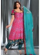 Тёмно-розовое платье / туника из креп-жоржета, с короткими рукавами + летние тёмно-бирюзовые брюки и накидка