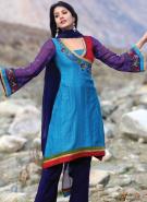 Голубое платье / туника из хлопка с прозрачными рукавами три четверти + летние сапфировые брюки и накидка