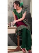 Тёмно-алое платье / туника из креп-жоржета, без рукавов + летние брюки цвета Красного моря и накидка