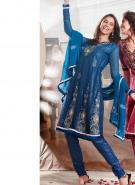 Лазурно-серое платье / туника из креп-жоржета, с длинными прозрачными рукавами + летние брюки и накидка