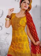 Платье / туника из хлопка цвета гуммигут, с короткими рукавами + летние брюки цвета кармин и накидка