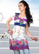 Белая туника из хлопка с фиолетовыми и синими вставками с короткими рукавами