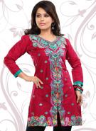 Короткое платье / туника из хлопка цвета кардинал, с рукавами три четверти