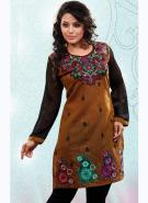 Платье / туника из хлопка цвета меди, с длинными прозрачными рукавами из чёрного шифона